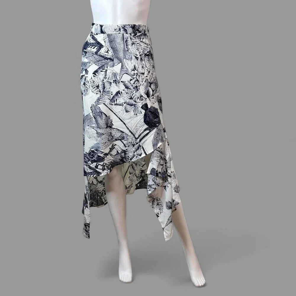 MarthaLouise Women Black White Fish Toile Print Asymmetrical High Low Skirt S